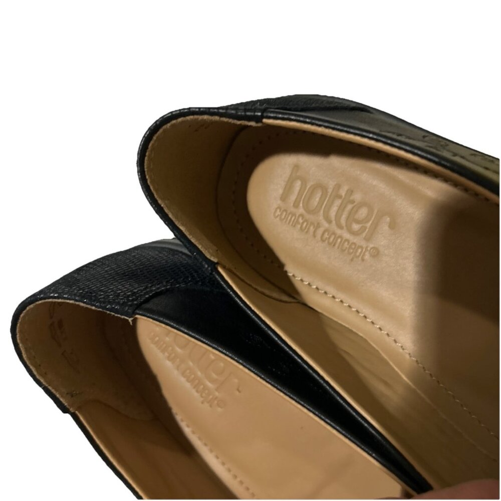 Hotter Slip On Shoes Flats Calypso Size 8.5 Black Leather Comfort Floral New - Picture 4 of 8